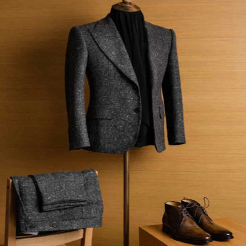 Men's 2-Piece Suit Winter Tweed Lapel Dark Gray Conventional Wool Two-Button Blend Retro Tailored Fit