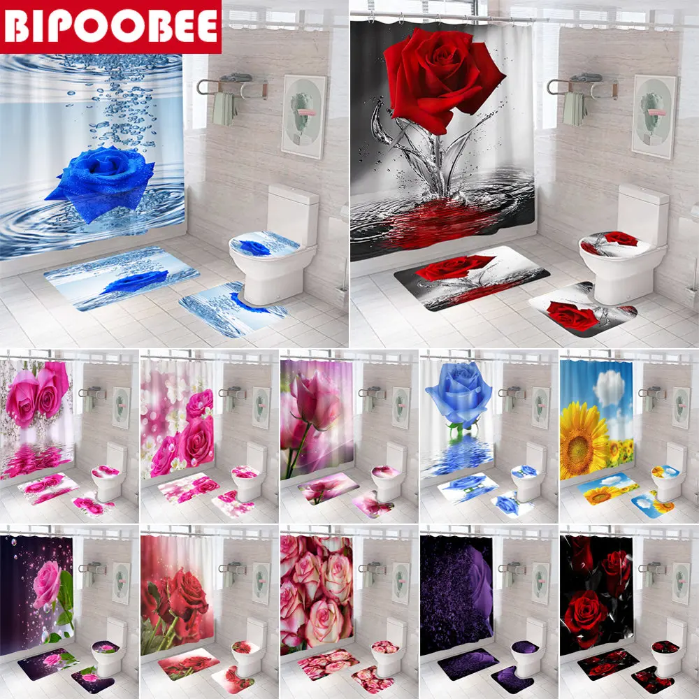 

Rose Shower Curtain Set Bath Mats Rugs Beautiful Flower Bathroom Curtains Sunflower Pedestal Non-Slip Rugs Toilet Lid Cover