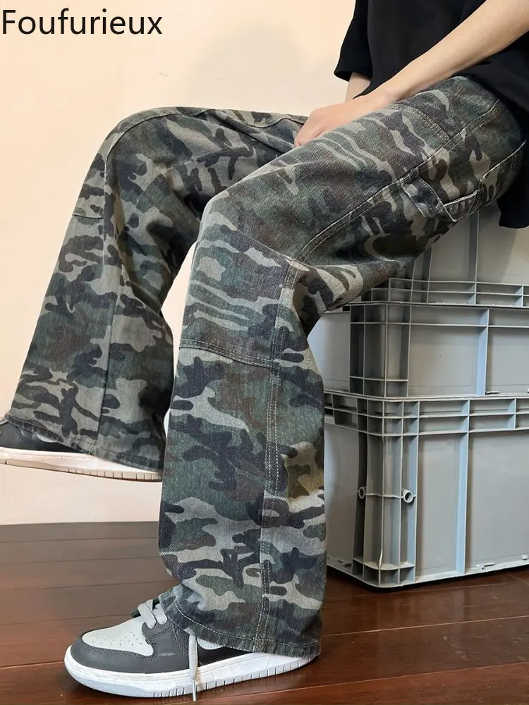 

Foufurieux Men Army Green Camouflage Jeans Pants Spring Autumn High Waist Streetwear Baggy Straight Leg Pants Woman Denim Pant