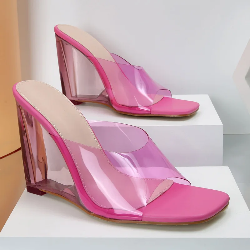 

Luxury Sexy PVC Transparent Women's Jelly Shoes Slippers Fashion Open Toe Wedges Sandals Clear High Heels Mules Sliders Pumps