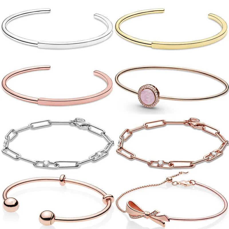 

New 925 Sterling Silver Pink Swirl Logo Crown O I-d Open Bangle Link Chain & Stones Bracelet For Popular Bead Charm Diy Jewelry