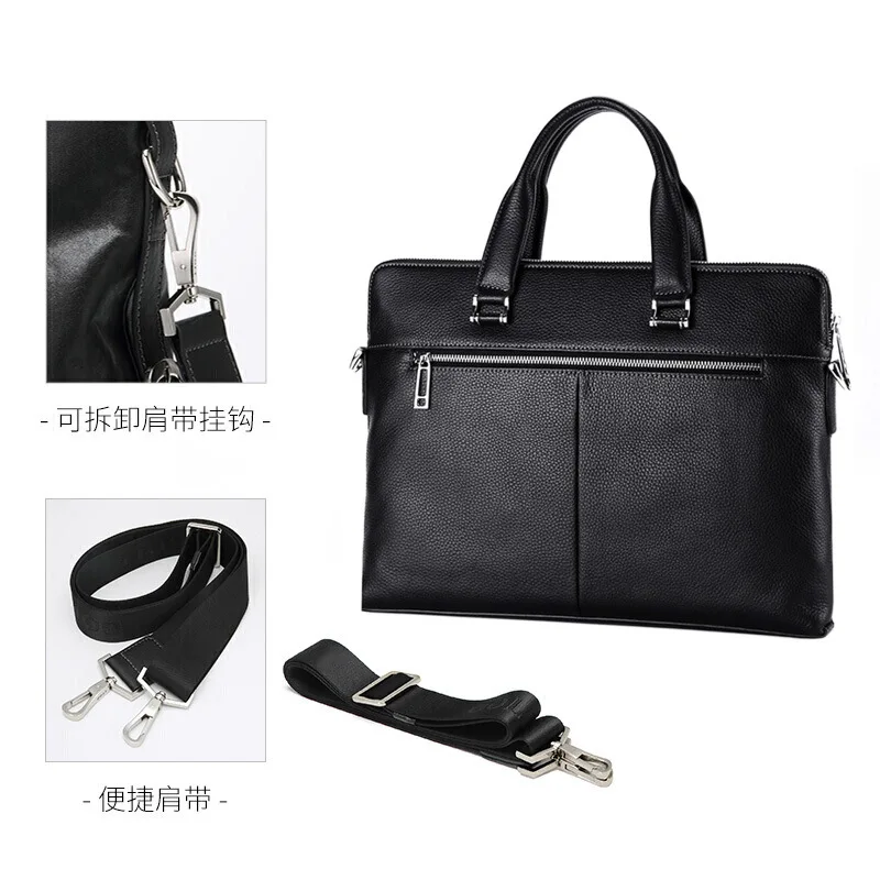 Business Genuine Leather Briefcase Men 14-Inch Lapt Bag Large Capacity Handbag Cowhide Leather Shoulder Bag Male Crossbody Bag