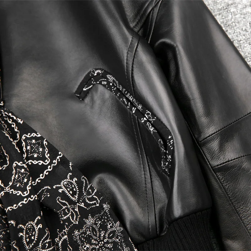 Women Leather Jackets Coats Chiffon Panel Tie Solid Dropped Shoulder Cropped Sheepskin Short Coats Elegant 2022 Autumn TF5003