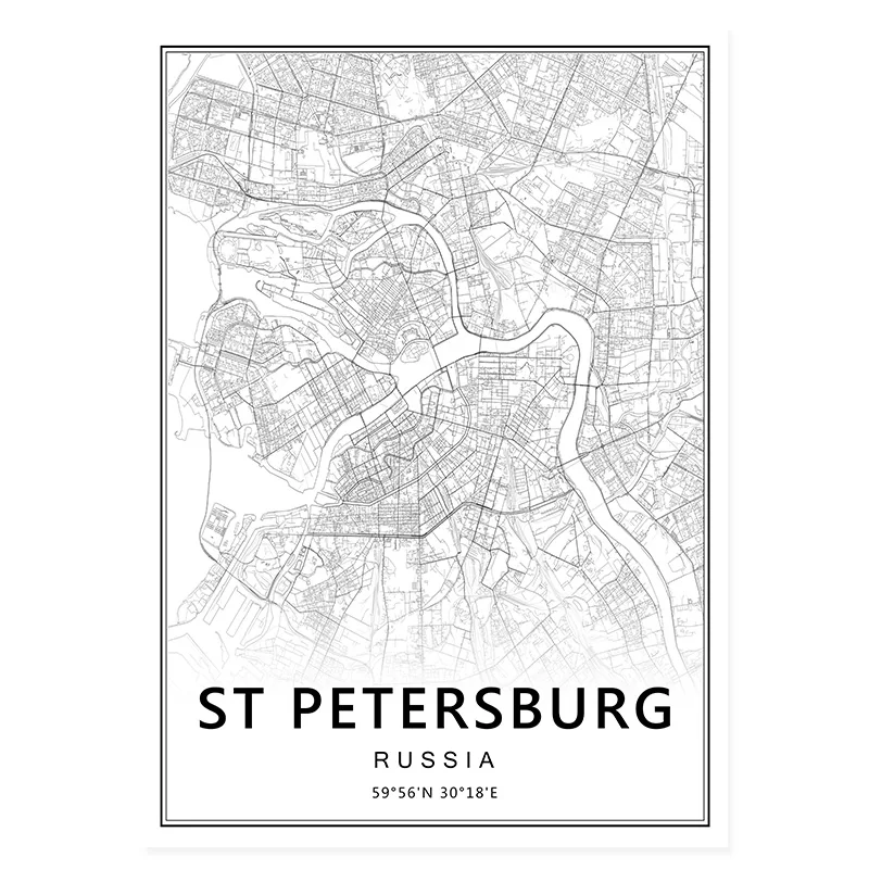 

Черно-белый плакат карты Москвы и Петербурга на холсте