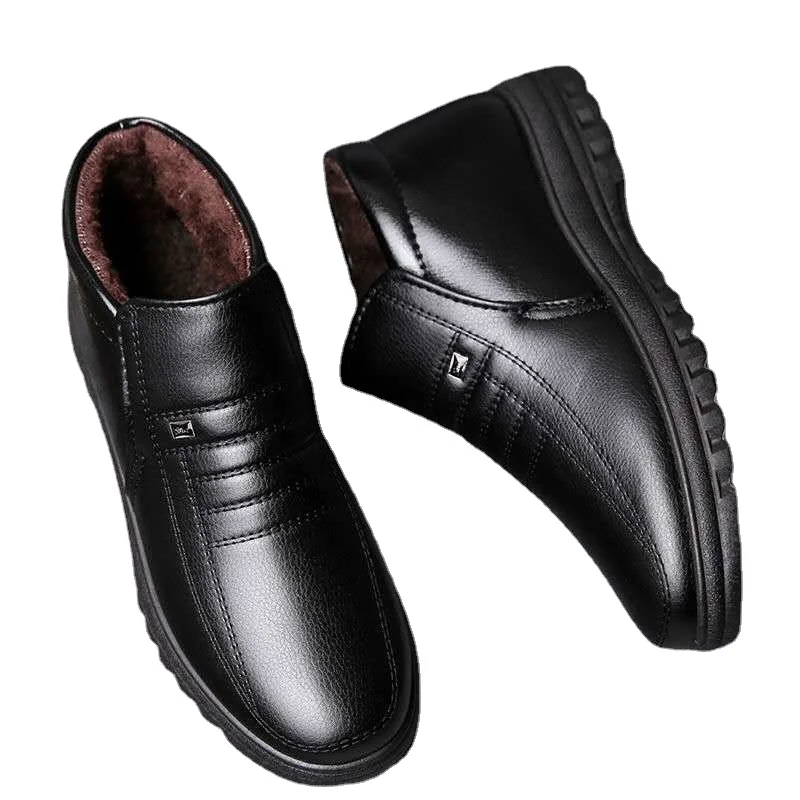 

Мужские кожаные ботинки с флисовой подкладкой, низкие берцы, теплые Нескользящие, повседневная обувь для папы, ботинки из хлопка, для зимы