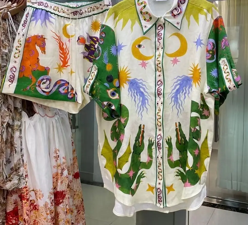 

2023 New Vintage Style Cartoon Print Women Loose Linen Shirt Top+ Ealstic Waist Shorts Set