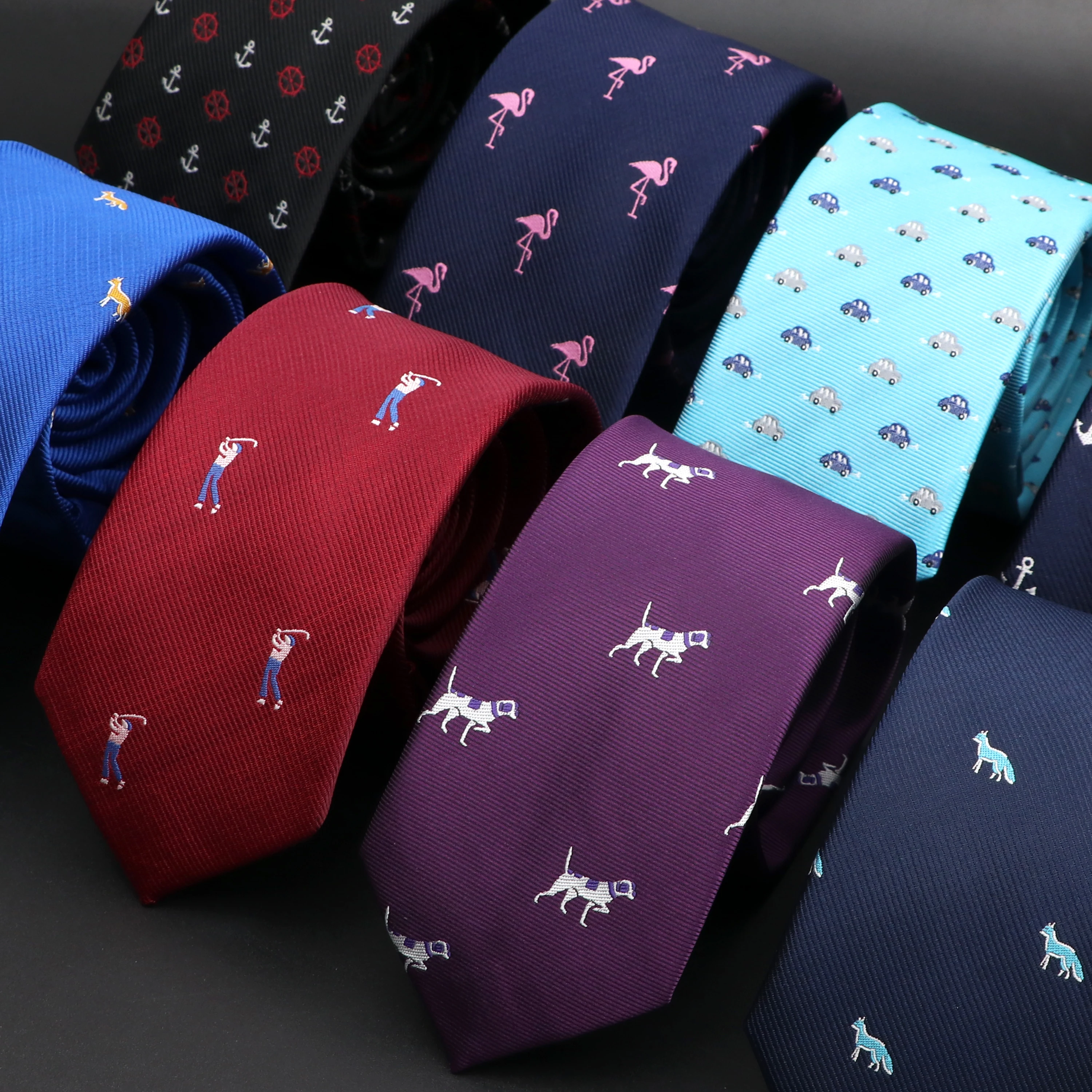New Jacquard 6cm Slim Necktie For Men Fashion Car Dog Monkey Pattern Tie Red Blue Purple Daily Wear Cravat Wedding Party Gift