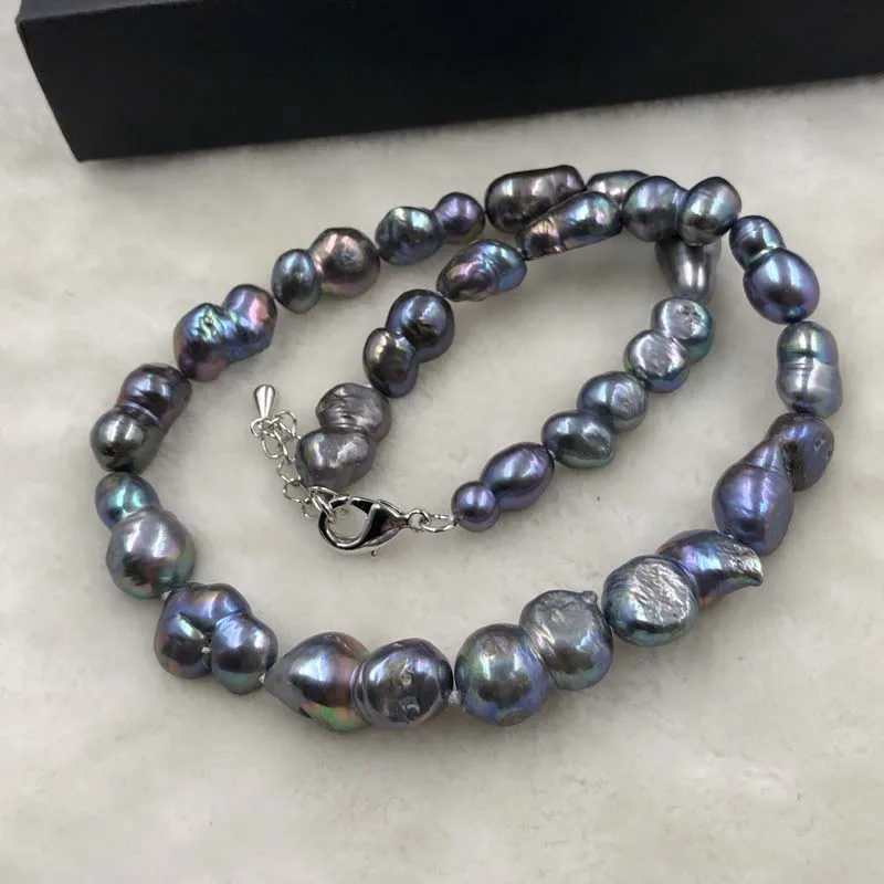 

ELEISPL JEWELRy 16" 9-12*14-19mm Black Freshwater Pearls Necklace #501-24