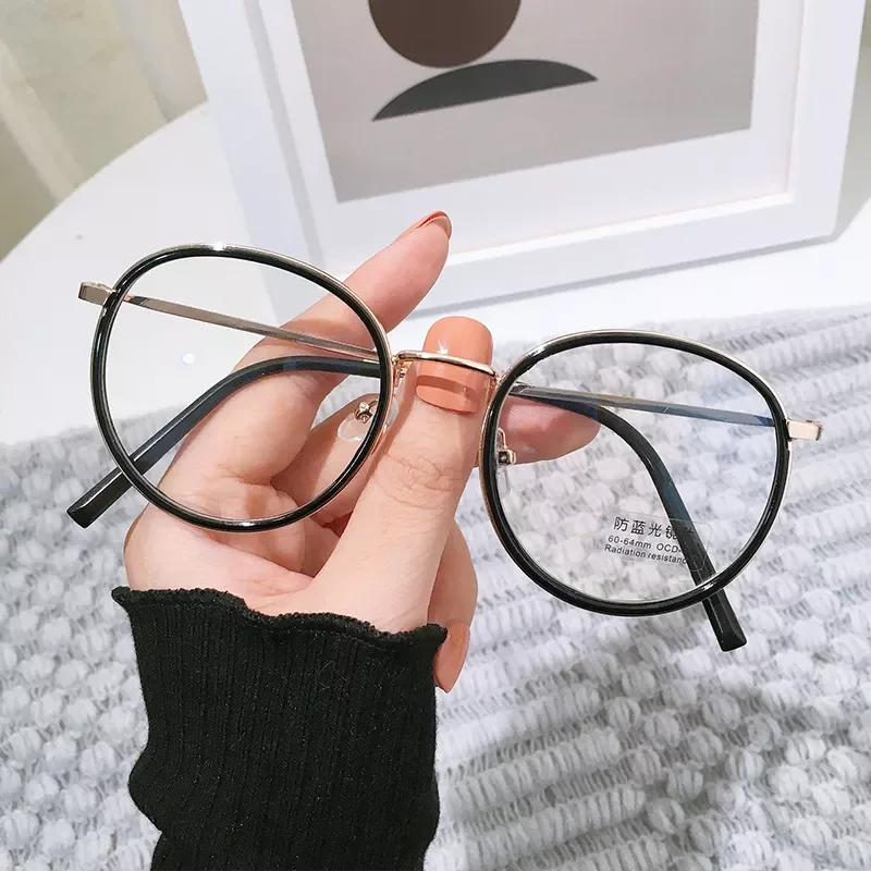 

Fashion Round Anti Blue Rays Glasses Women Blue Light Blocking Computer Glasses Female Plain Mirror Glasses Metal Frame Eyewear