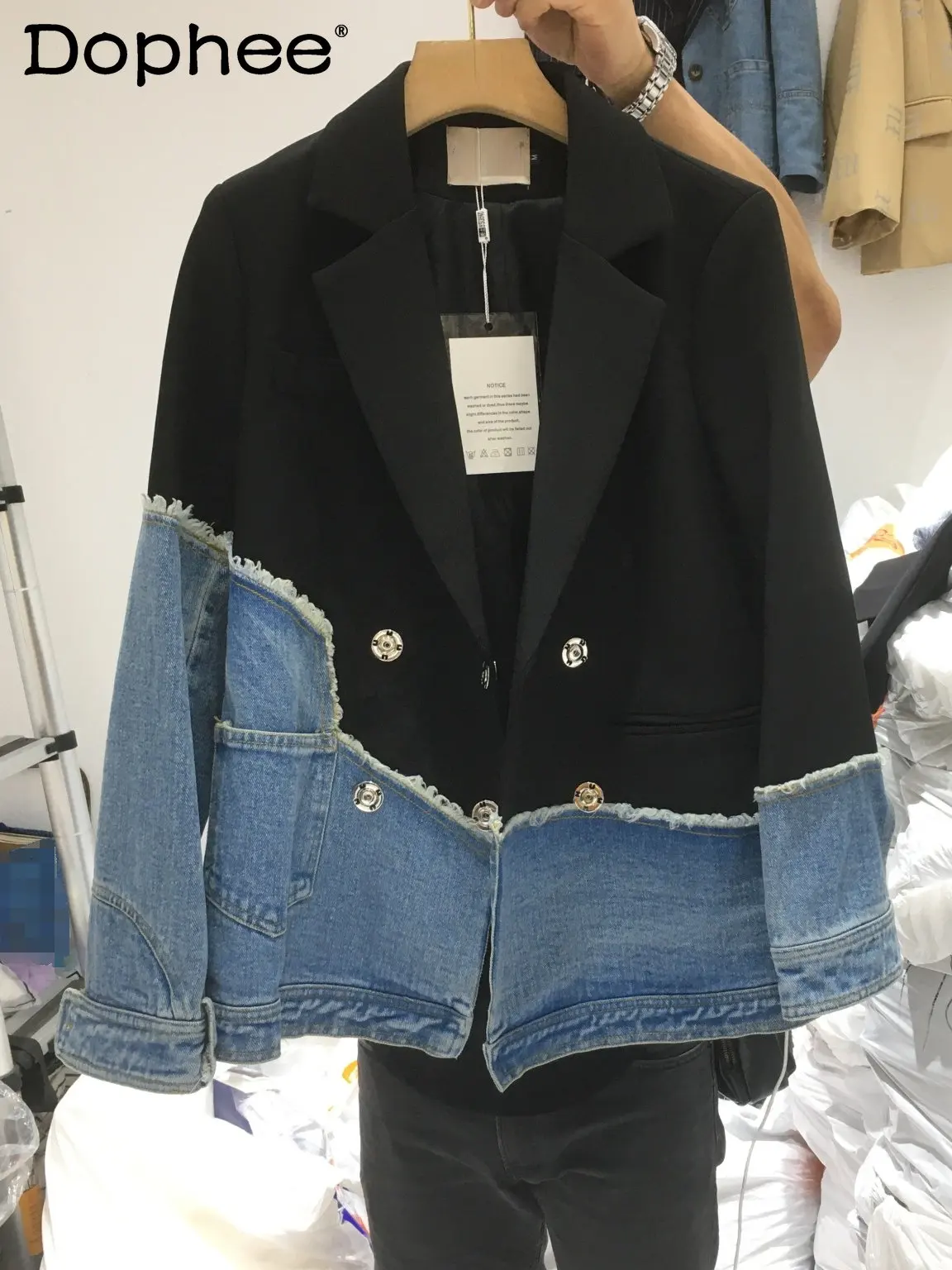 

Fashion All-Matching Color Contrast Patchwork Denim Suit Jacket Women 2022 Autumn Winter New Irregular Loose Casual Blazer Coat