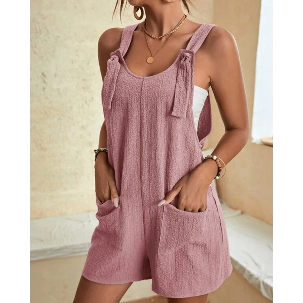 2023 Summer Women Casual Solid Pocket Sleeveless Suspender Romper O-Neck Bodysuits Casual Overalls Sexy Outfit y2k Clothes