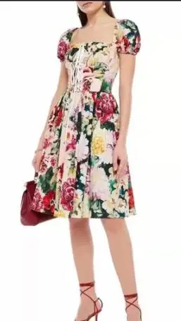 

126120 Luxury Designer Clothes Fashion Classic Trendy Peony Flower Temperament Printing Straight Neck Short Sleeve Dress