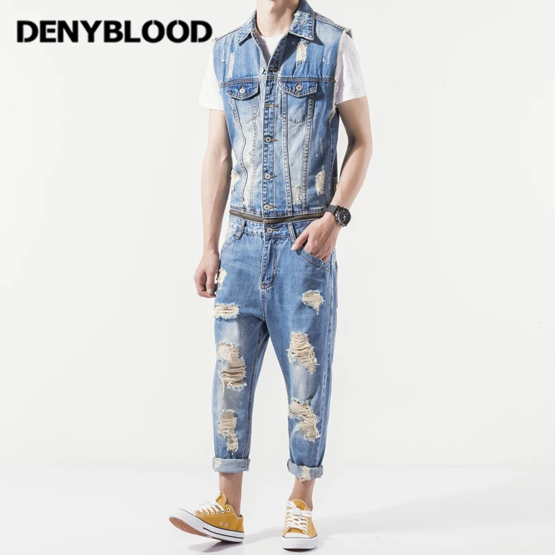 Denyblood Jeans Mens Denim Overalls Distressed Jeans Ripped Hole Destroyed Vintage Darked Wash Jumpsuit for Men Bib Pants K8124