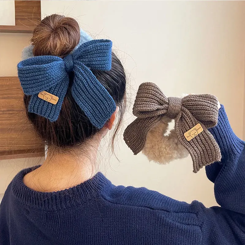 

New Autumn/Winter Solid Lamb Wool Bowel Hair Rings Knitted Wool Bow Hair Tie Hair Accessories for Girls