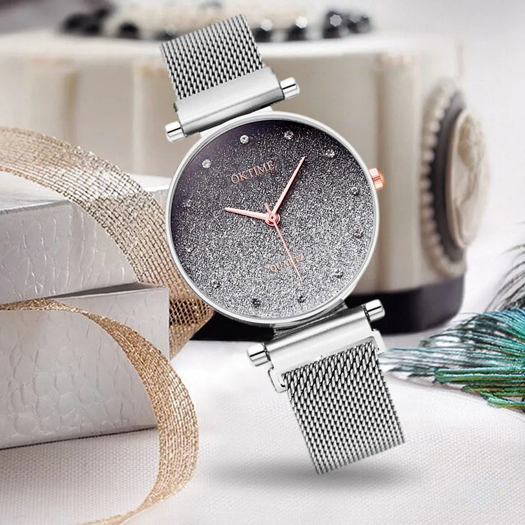 Women Watch Bracelet Silver Stainless Steel Starry Sky Magnetic Mesh Strap Women's Quartz Diamond Wristwatch Luxury Watches 2023