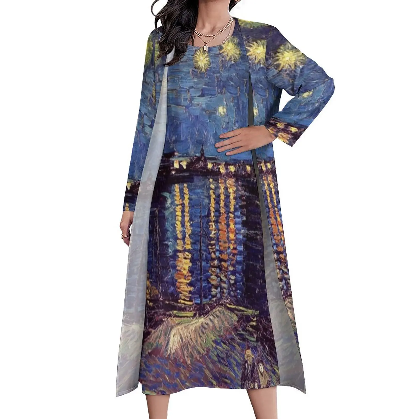 

Starry Night over The Rhone Dress Vincent Van Gogh Maxi Dress Street Fashion Bohemia Long Dresses Women Two-Piece Custom Clothes