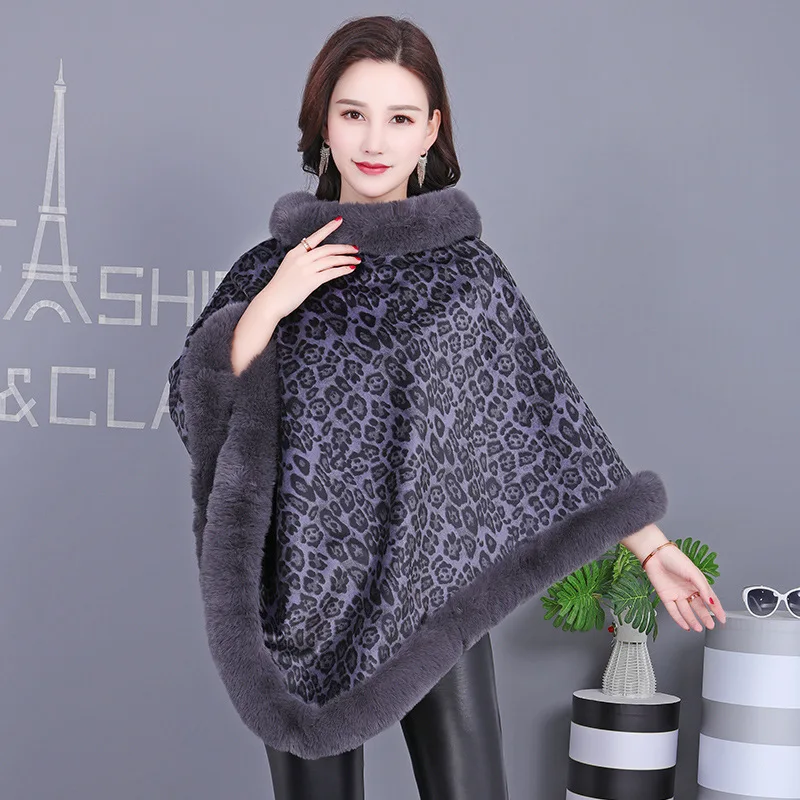 2022 Fur-like Female Leopard-print Rex Rabbit Fur Warm Padded Towel Luxury Leopard Lady  Velvet Cloak In Autumn  Winter top