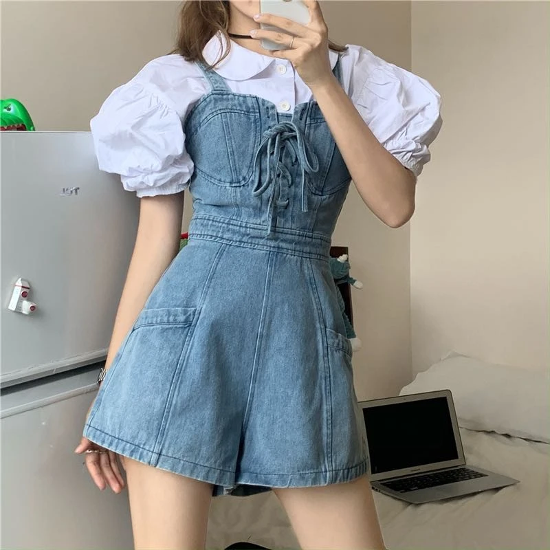 Sweet Women New Short Denim Jumpsuit Romper Women Spring Summer Overalls Female Casual All-Match Japanese Short Playsuit Korean