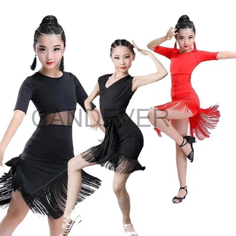 Новое детское черное красное платье для латинских танцев девочек одежда с