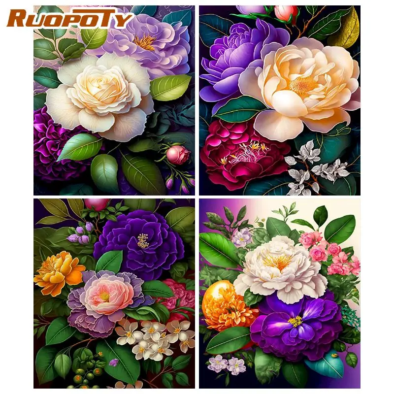

RUOPOTY Diy Painting By Number White And Purple Peony Drawing On Canvas Painting By Number Flower Painting Unique Gift
