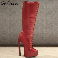 sorbern unisex knee high boots women curved high heel 18cm invisible platform shoes lace up drag queen shoe