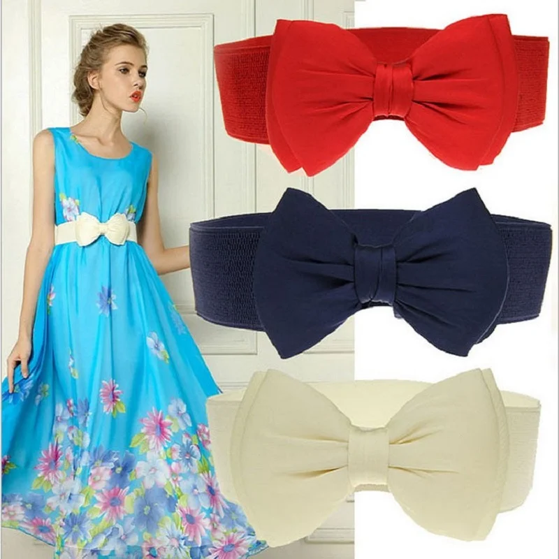 

Solid Ladies Elastic Belt High-Quality Chiffon Big Bow Waist Girdle Women Dress Fashion Sweet Accessories