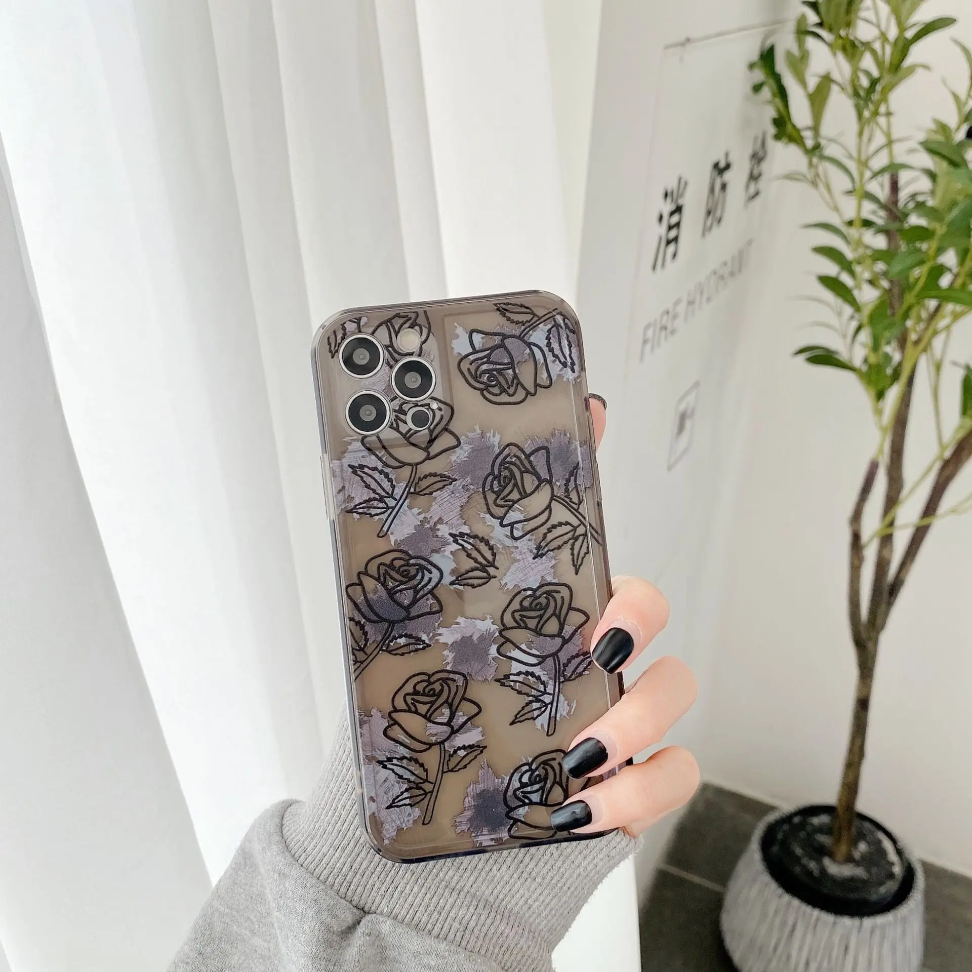 

Soft Silicone Black Rose Phone Case For iPhone 11 12 Pro Max 13 Mini Camera Protection XS X XR 7 8 Plus Shockproof Cover