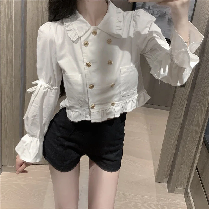 

ZAHRHEONS Double Breasted Women Blouses Solid Flare Sleeve 2022 Spring Summer Korean Blusas Tops Elegant Casual White Shirts