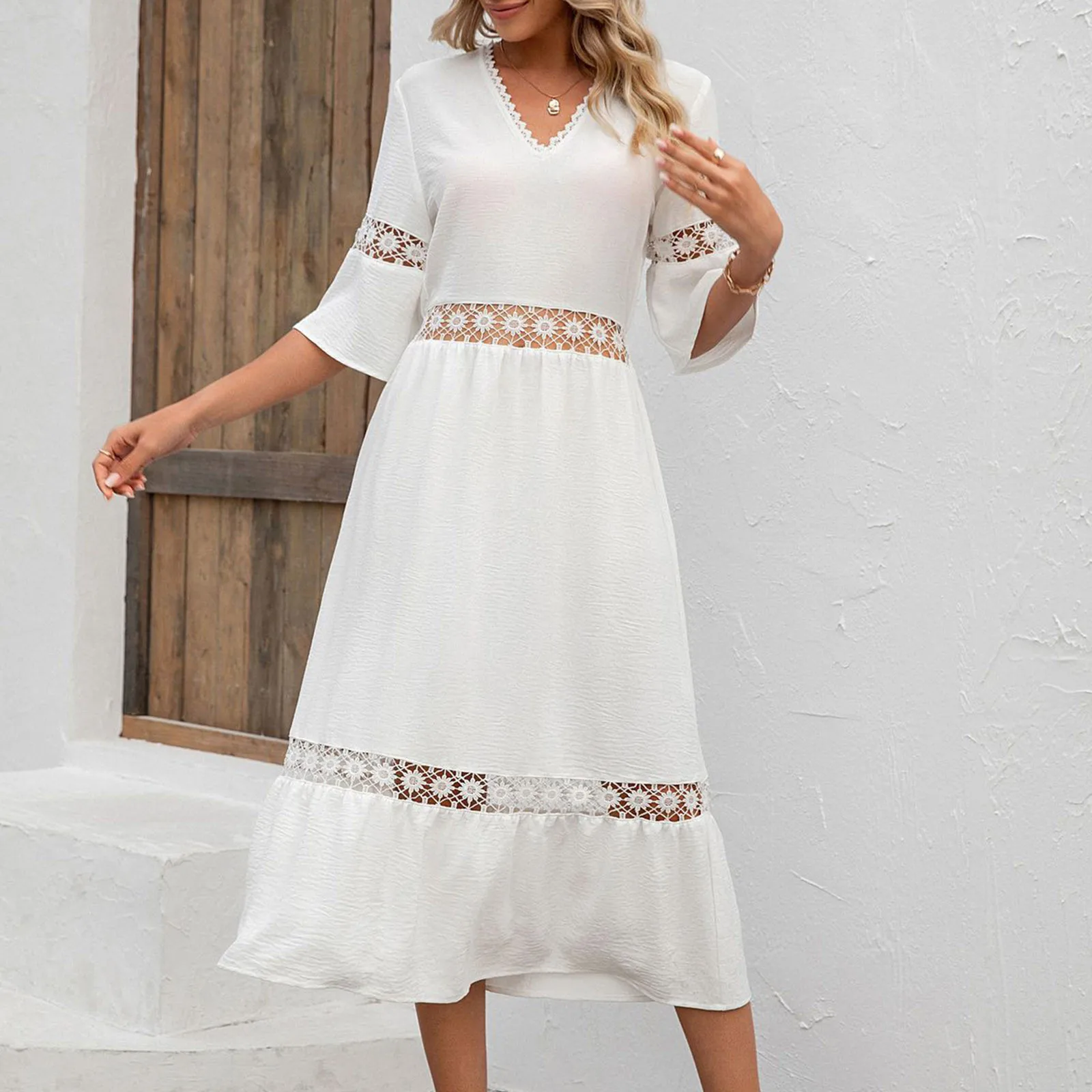 

Женское ажурное платье средней длины, элегантное белое однотонное платье с кружевом, V-образным вырезом и рукавом до локтя, одежда для дня рождения, лето 2023