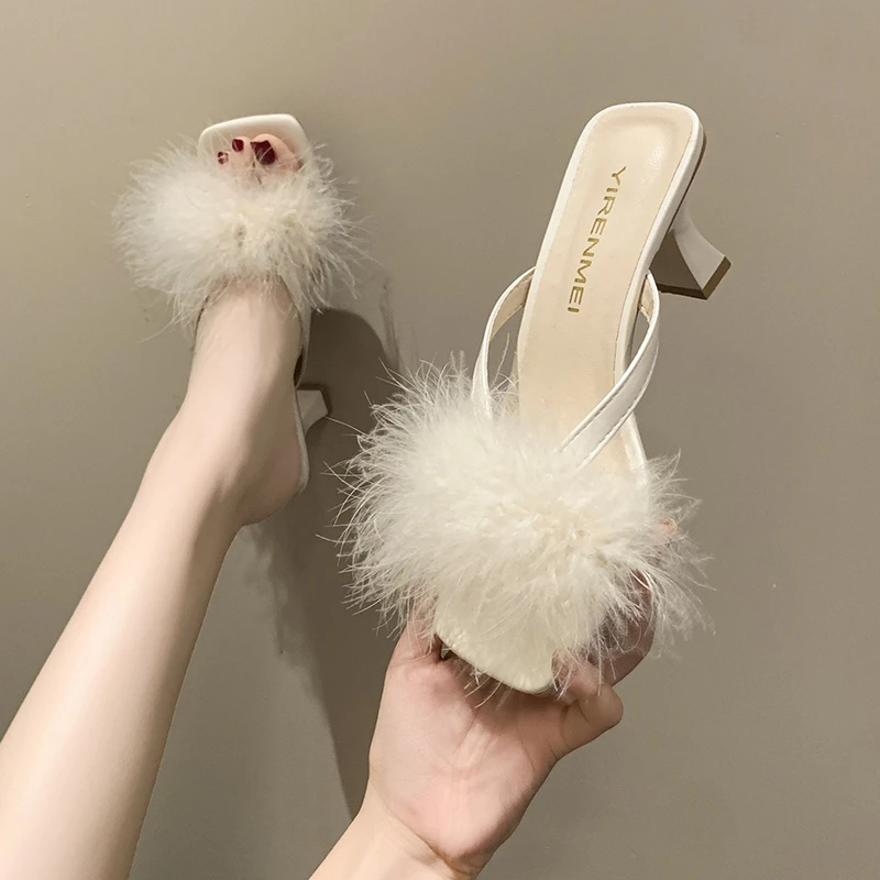 

Women Slippers Summer New Fashion Stiletto Sandals Open Toe High Heel Shoes Woman Heels Furry Slides for Women Med (3cm-5cm)