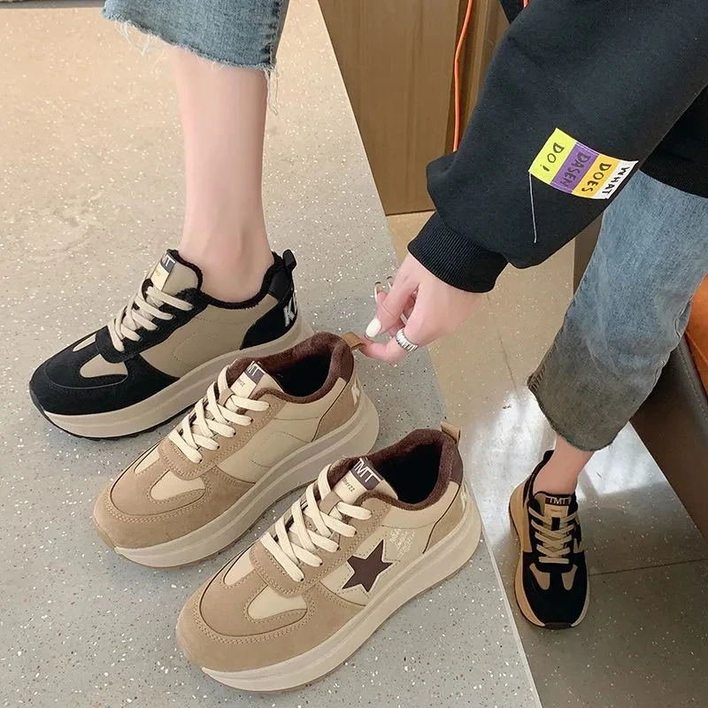 Chic and Elegant Woman Shoes Comfortable Women's Sneaker Winter Velvet Warm Casual Black Luxury Designer Sneakers Loafers Heels