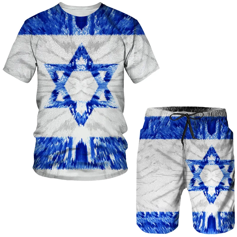 

New Men's Suit Flag Print Crew Neck T-Shirt Short Sleeves and Shorts Oversized Casual Two Piece Street Men's Clothes