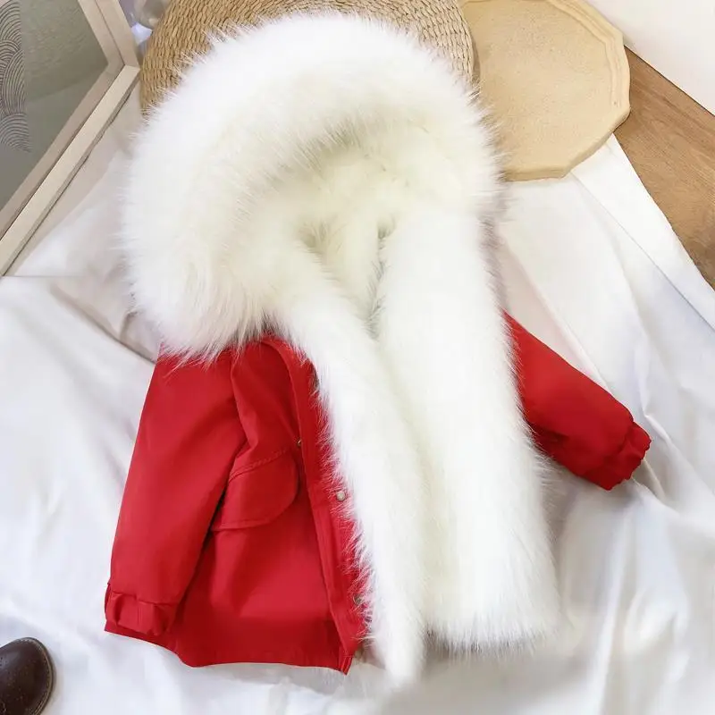 

Kids Girl Jackets Detachable Liner Fur Warm Toddler Children's Winter Cotton Padded Clothes Girls Thickened Hooded Coats E558