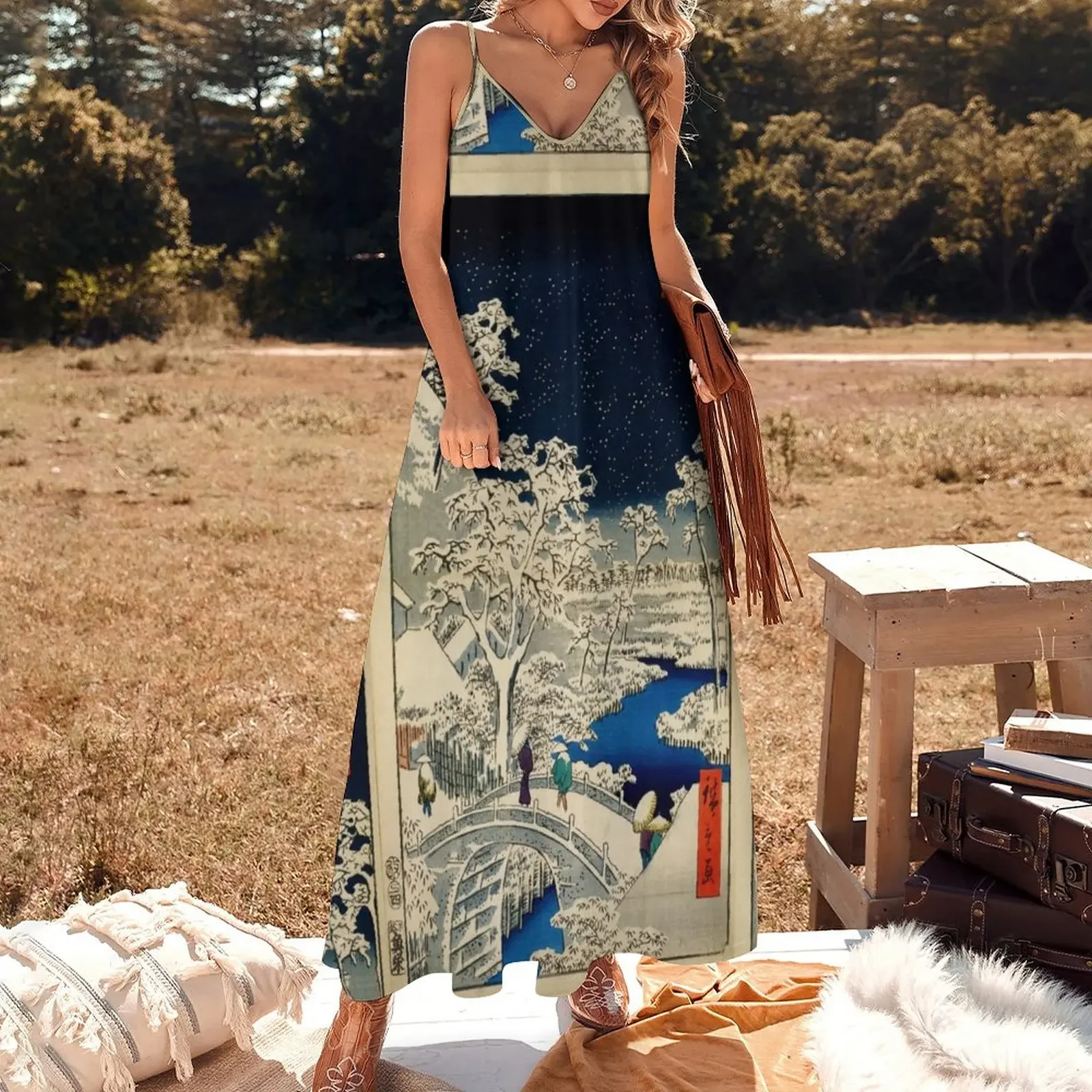 Ukiyo-e Ando Hiroshige Yuhi Hill and the Drum Bridge в Meguro (1856- 1858) Платье без рукавов Роскошное платье