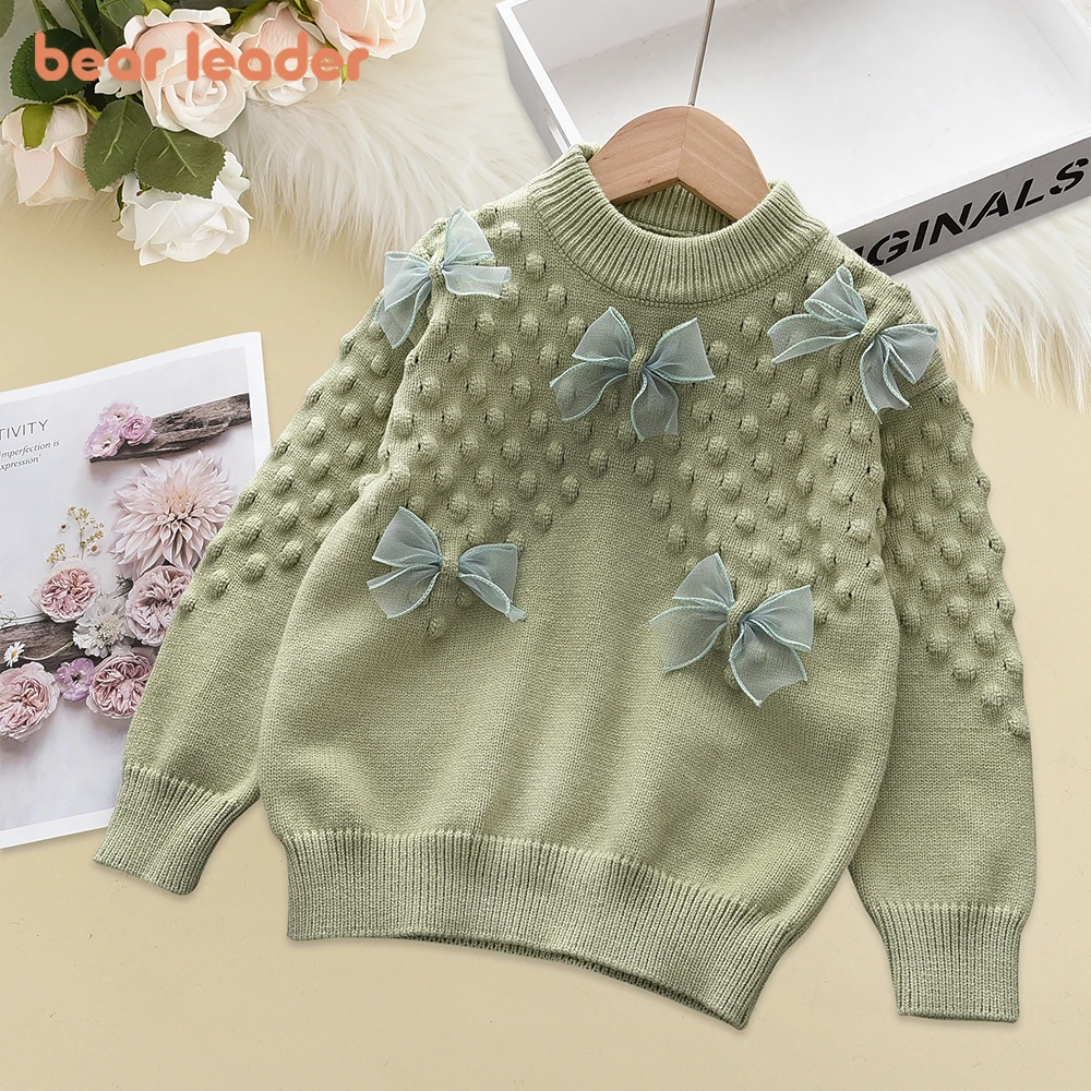 

Bear Leader Girls Sweater Autumn New Korean Round Neck Bow Sweet Warm Knitted Sweater Solid Color Fashion Kids Girls Clothes