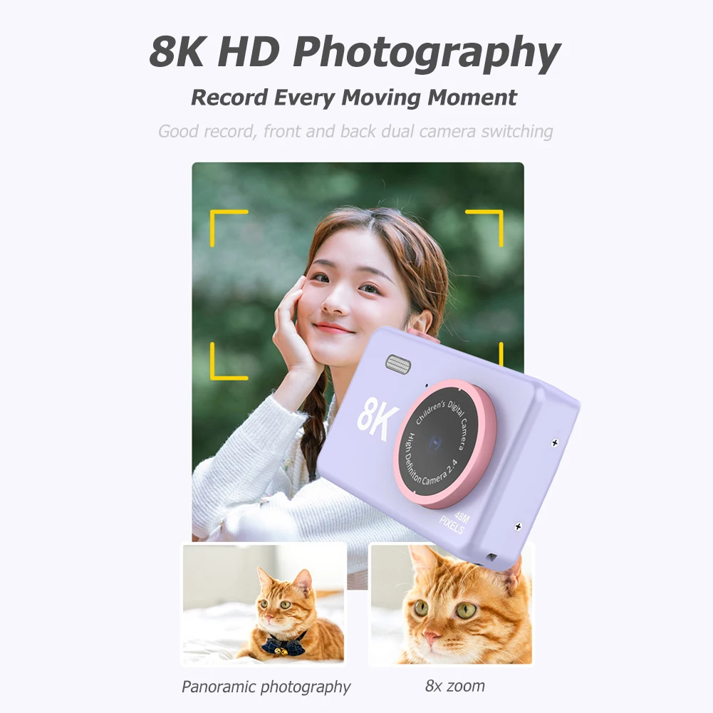 

8K Video Camera Dual Lens 8MP UHD Children SLR Camera 2.4 Inch IPS Screen Battery Operated USB Charging Educational with Lanyard