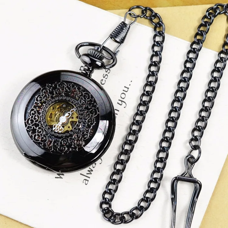 Luxury Mechanical Vintage Black Gold Flower Wave Pocket Watch for Men Women Skeleton Roman Numeral Dial Fob Chain Pendant Clock