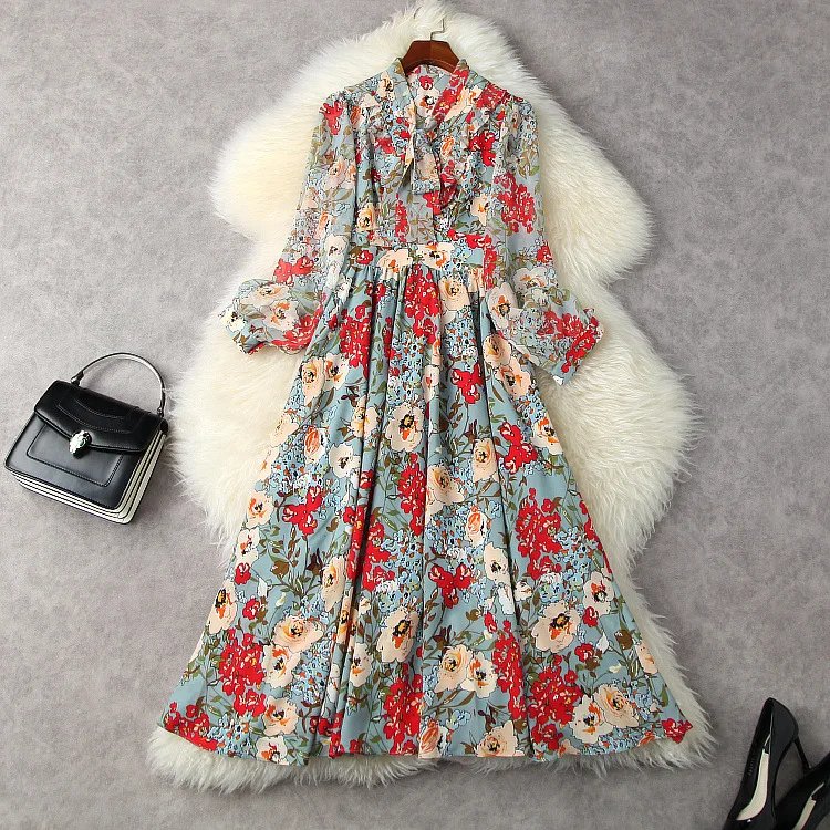 European and American women's wear spring 2022 new Bow collar with long sleeves Floral print Fashionable pleated dress