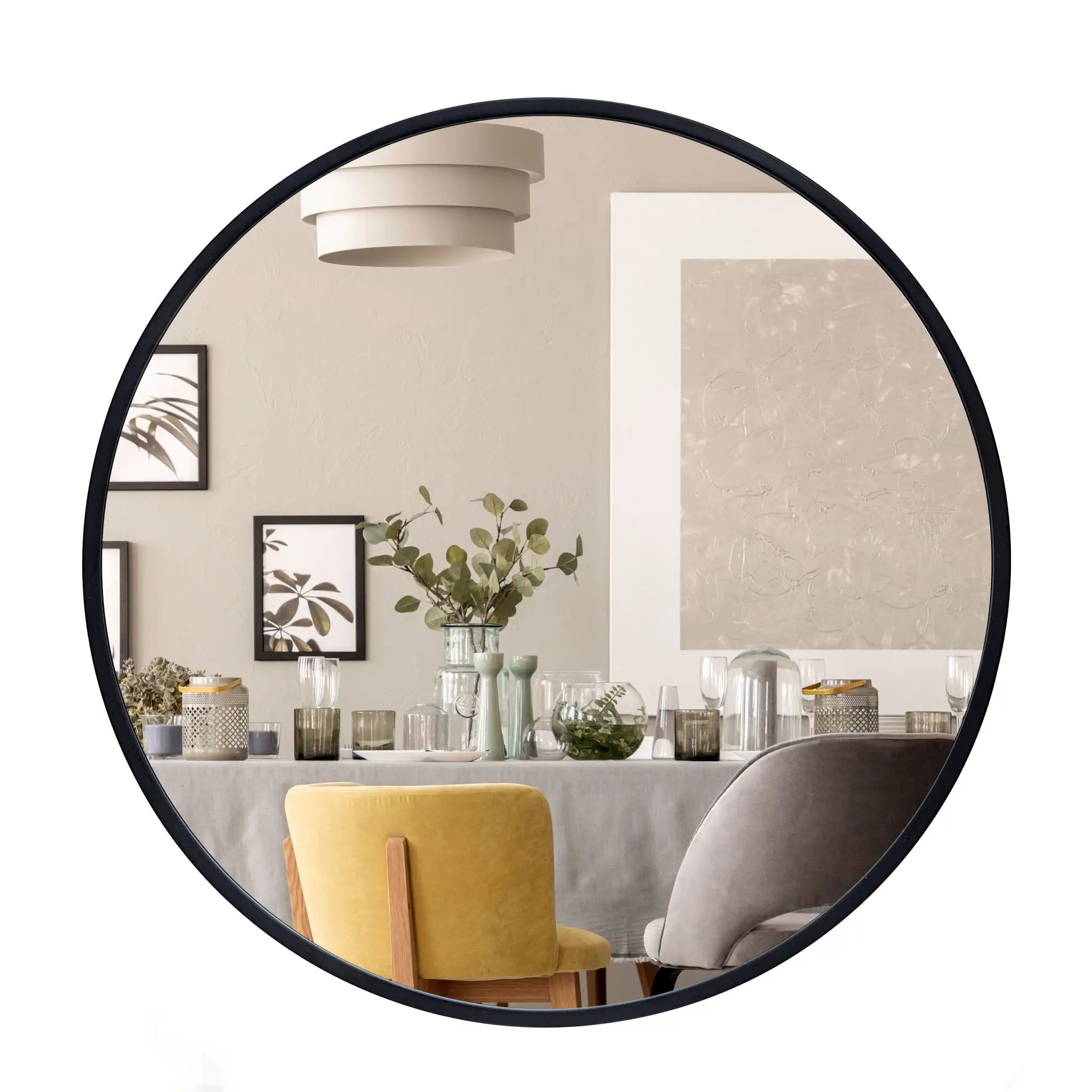 

30 Inch Round Metal Wall Mirror, Black