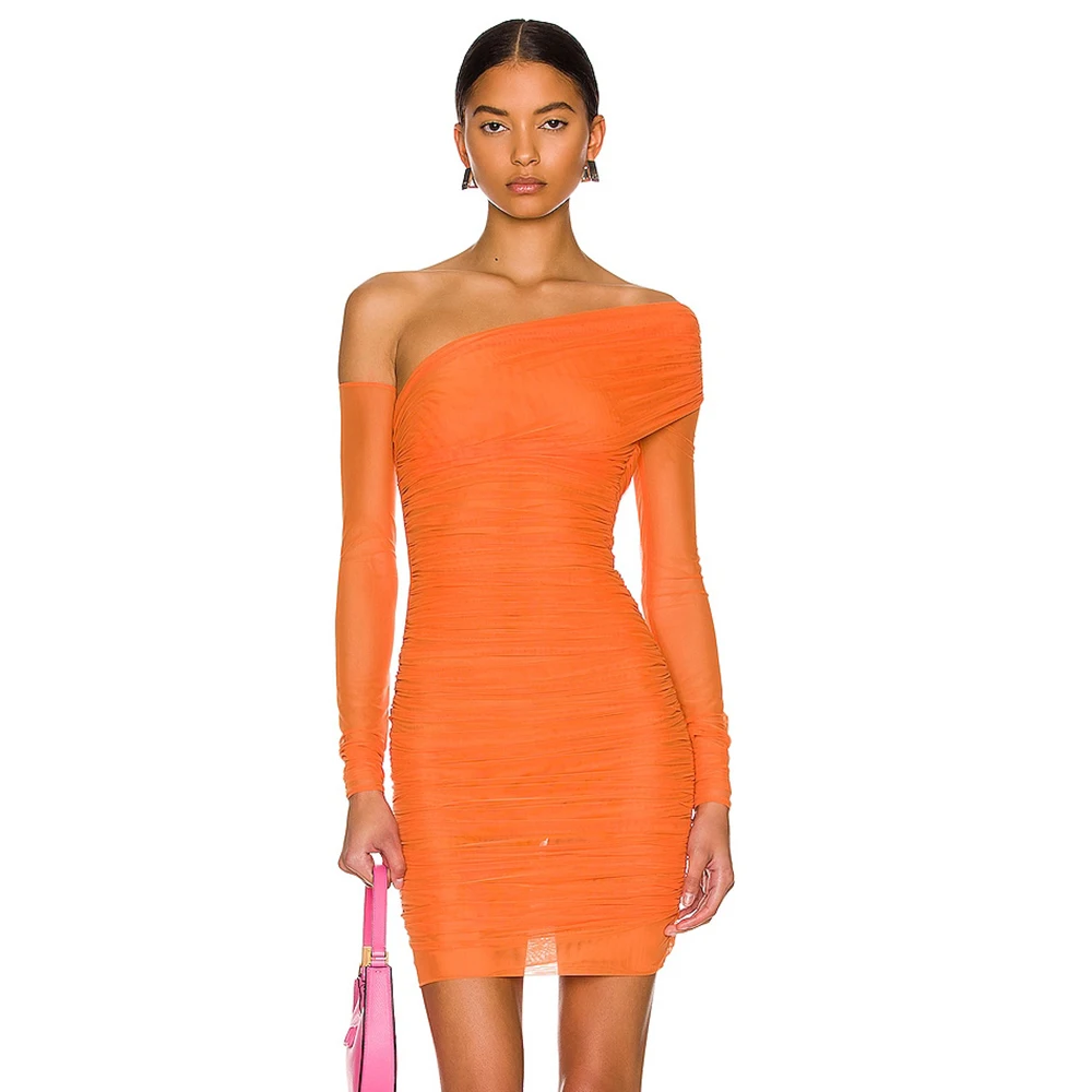 2022 New Summer Women's Sexy Elegant Women Orange  Long Sleeve  Off Shoulder Bandage Dress Fashion Party Club Dresses