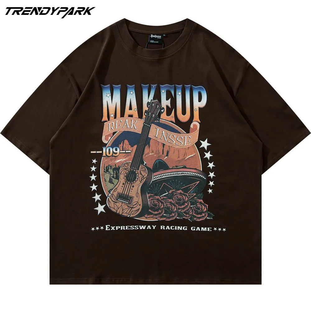 

Футболка мужская оверсайз с круглым вырезом, хлопок, винтажный принт гитары, уличная одежда в стиле Харадзюку, Повседневная рубашка в стиле ...