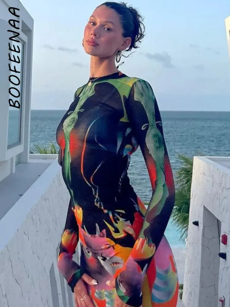 

BOOFEENAA Abstract Print Long Sleeve Maxi Dress Y2k Sexy Bodycon Dresses for Date Night Outfit for Women Spring 2023 C70-CZ28