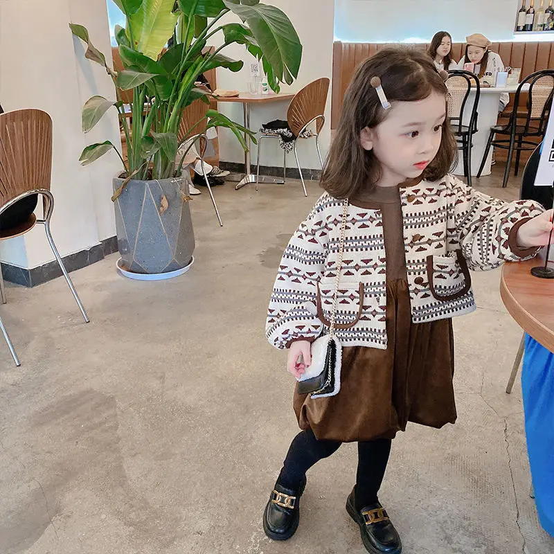 Girls Spring Autumn Set 2022 New Korean Style Knitted Retro Style Dress Cotton Two-Piece Set Fashion Baby