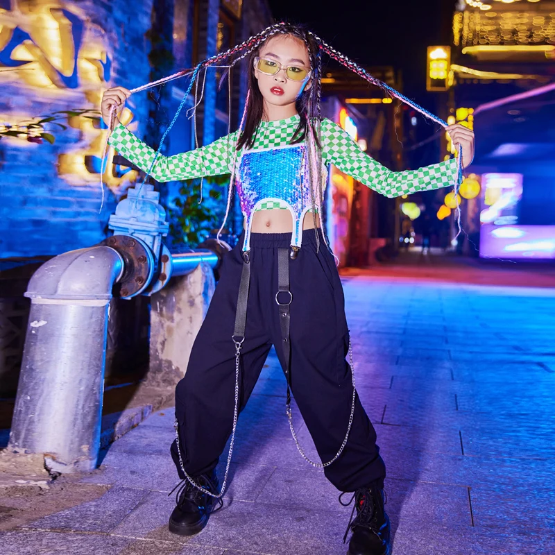 

Children Jazz Modern Dance Costumes For Girls Sequins Vest Hiphop Pants Street Dance Outfits Ballroom Hip Hop Clothes DN11289