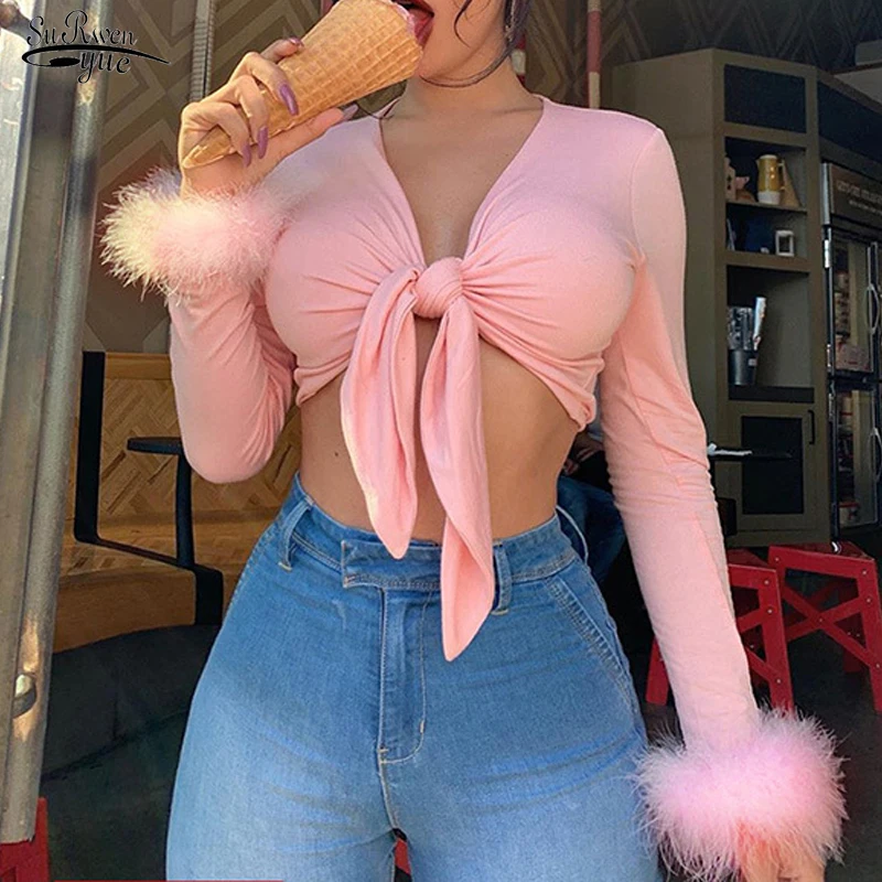 

2022 Spring Knotted Feather Long Sleeve Sexy T-shirt Blouse Street V-neck Flocking Tops Casual Solid White Dance Tee Shirt 20737
