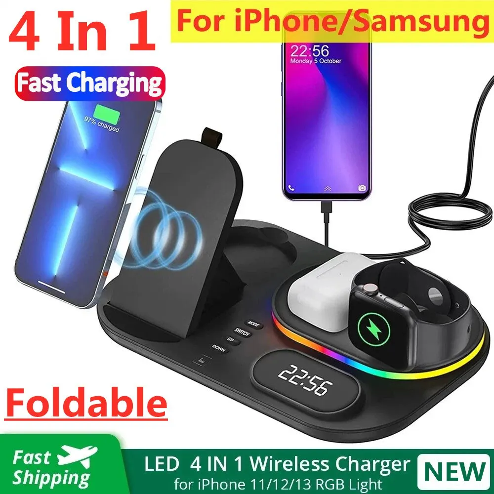 Galaxy Watch Charger 4 in 1 Wireless Charger Stand Light For iPhone 14 13 12 11 X Apple Watch Airpods Samsung Galaxy Watch Fast Charging Dock Station Galaxy Watch Charger 4 in 1 Wireless Charger Stand Light For iPhone 14 13 12 11 X Apple Watch Airpods Samsung Galaxy Watch Fast Charging Dock Station