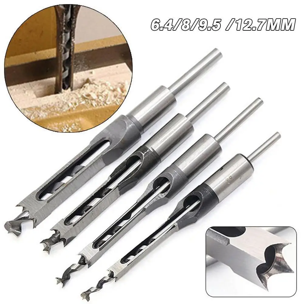 

4PCS HSS Twist Drill Bits Square Auger Mortising Chisel Drill Set Square Hole Woodworking Drill Tools Kit Set Extended Saw Tool