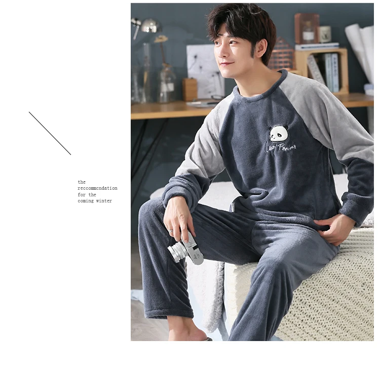 Long Sleeve Winter Thicken Warm Flannel Pajamas Sets Print Sleepwear Long Pant Male Men Pajama Set 3XL 4XL 5XL Men Nightwear