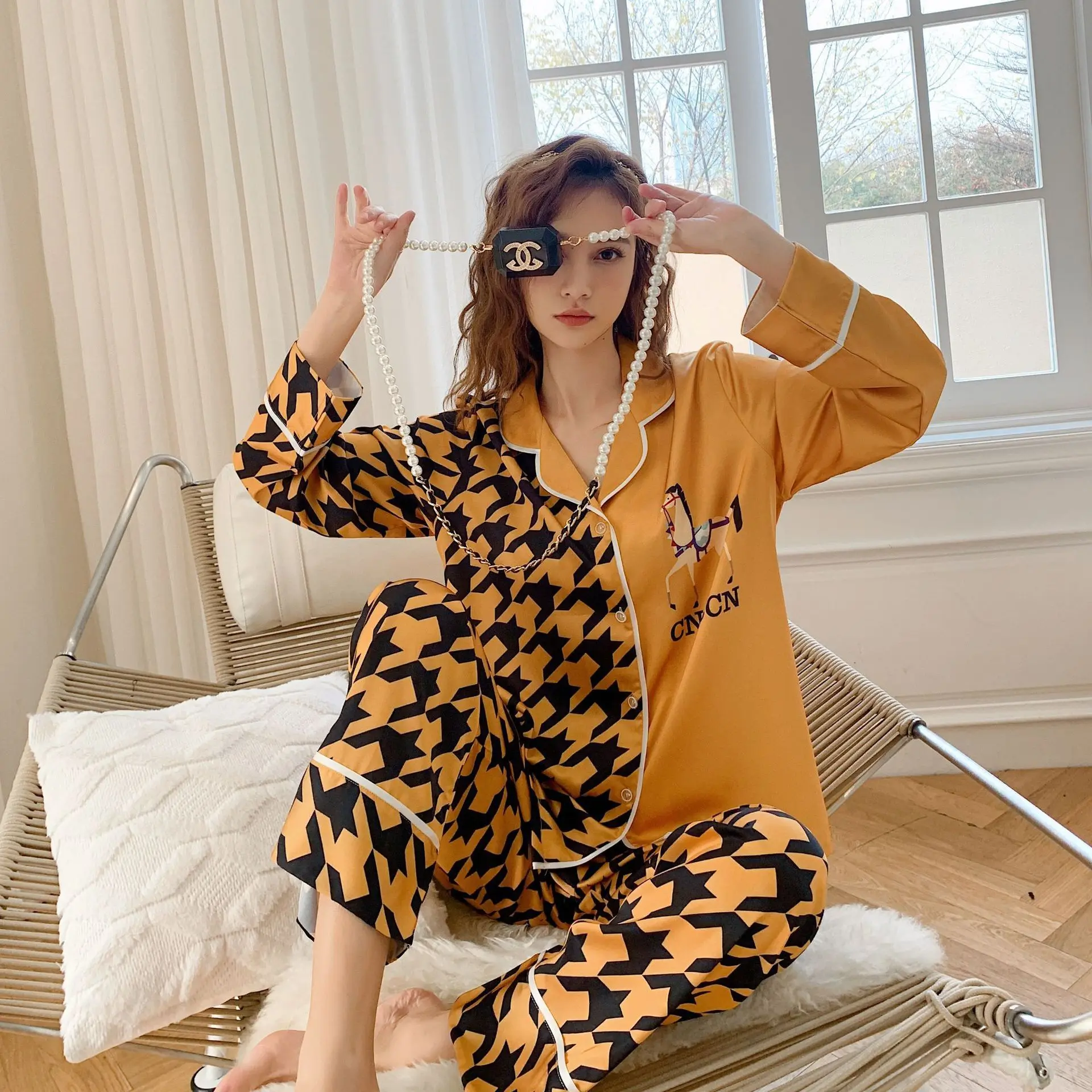 

Honey Yellow Houndstooth Pajamas Homewear Long Sleeve Two Piece Set pajama set women