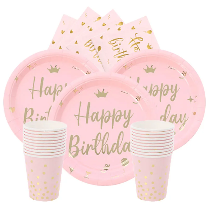 

Pink Crown Happy Birthday Dispodable Tableware Set Happy Birthday Napkins Plates Girls Happy Birthday Party Decor Pink Birthday